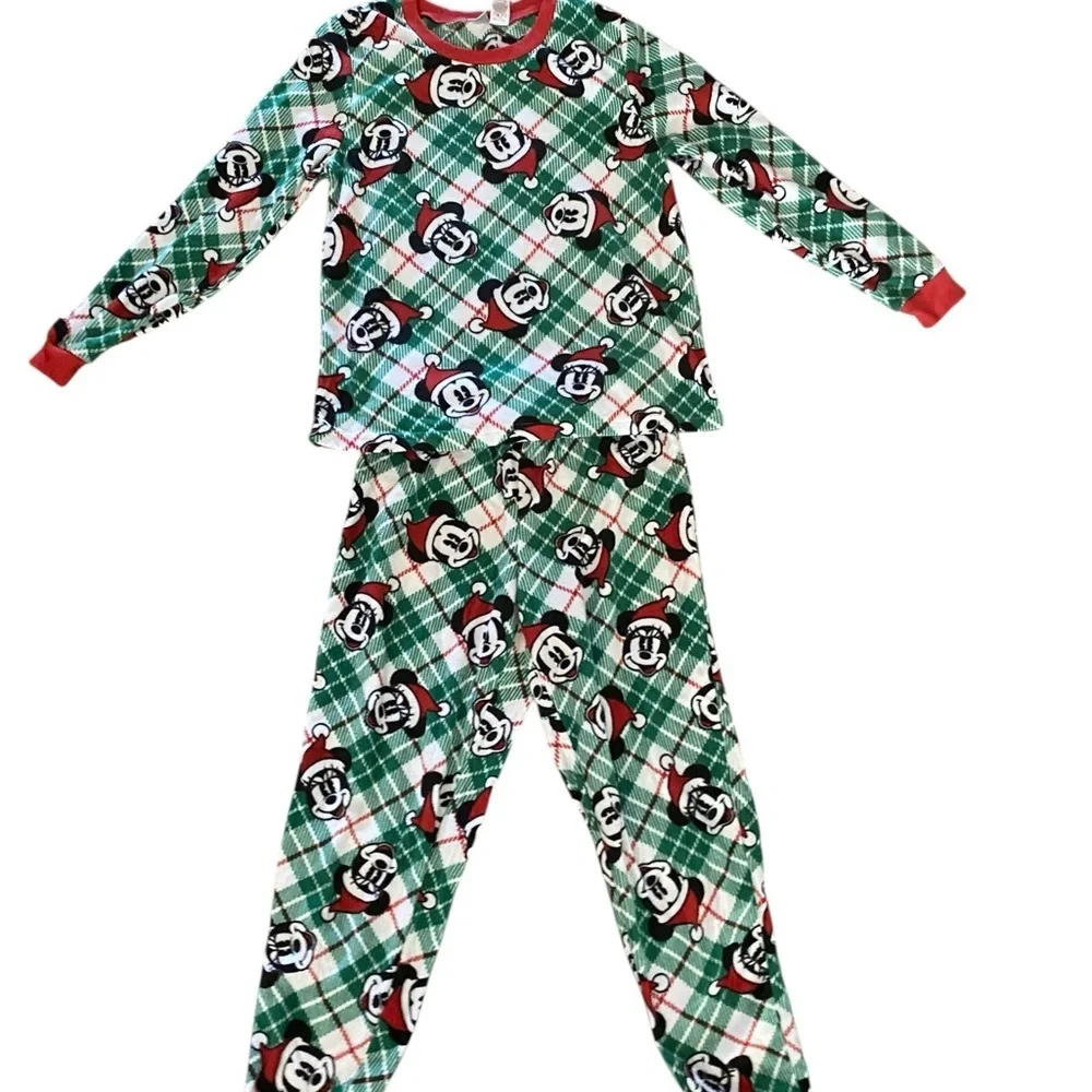 Disney Christmas Mickey & Minnie Mouse Fleece Pajama Set Green Red Plaid Comfy - Picture 5 of 9
